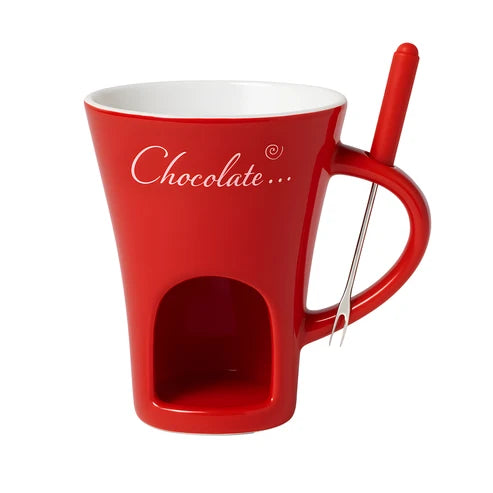 Taza fondue color rojo con su tenedor