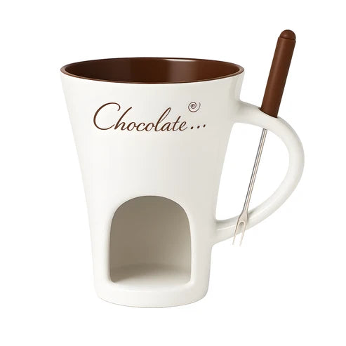 Taza fondue color blanco con su tenedor