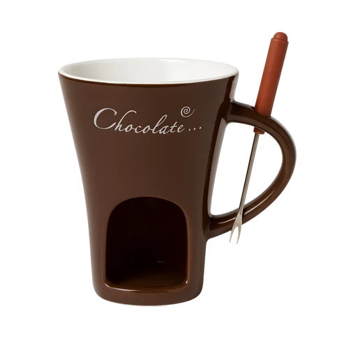 Taza fondue color chocolate con su tenedor